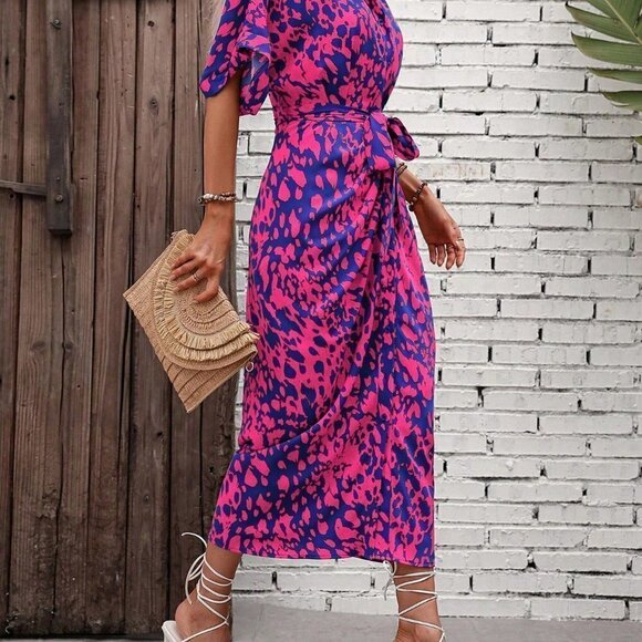 Multicolor Boho Womens Allover Print Batwing Sleeve Belted Shirt Dress - Picture 3 of 5